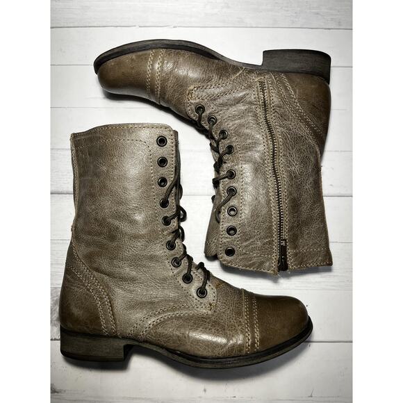 Steve Madden Boots Womens Size 6 Taupe Troopa Combat Lace Up Side Zip Leather - Picture 1 of 10